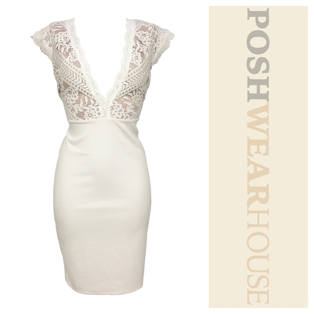 Off White Lace Bodice Stretch Bodycon Dress - Picture 1 of 3